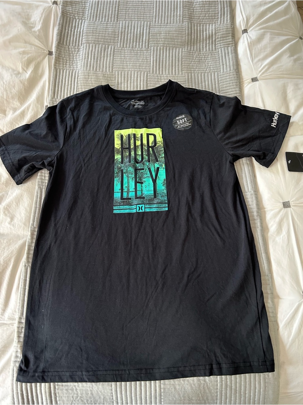 Hurley Black Short-Sleeve Tee with Teal-Green and Yellow Gradient Logo